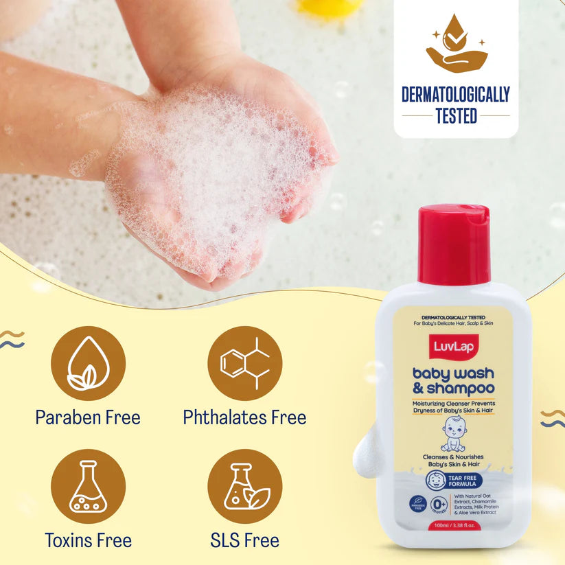 LuvLap Baby Wash And Shampoo 100 ML LuvLap Baby Wash & Shampoo - 400ml with Chamomile, Milk Protein, Oatmeal & Shea Butter, Paraben Free, Tear Free, Soap Free, Rich Moisturised Skin & Soft Hair, Baby Body Wash, Dermatologically Tested