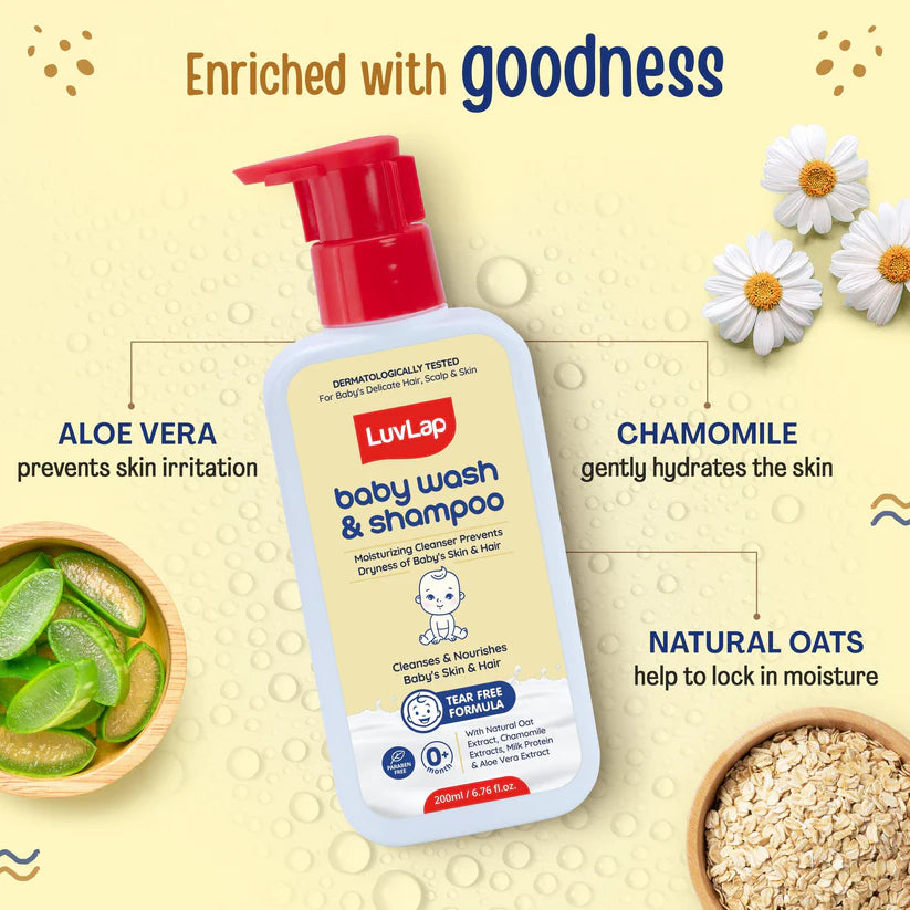 Luvlap Baby Wash And Shampoo 200 ML LuvLap Baby Wash & Shampoo - 400ml with Chamomile, Milk Protein, Oatmeal & Shea Butter, Paraben Free, Tear Free, Soap Free, Rich Moisturised Skin & Soft Hair, Baby Body Wash, Dermatologically Tested