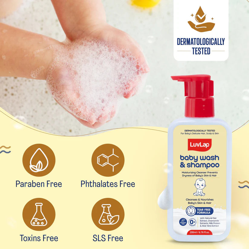 Luvlap Baby Wash And Shampoo 200 ML LuvLap Baby Wash & Shampoo - 400ml with Chamomile, Milk Protein, Oatmeal & Shea Butter, Paraben Free, Tear Free, Soap Free, Rich Moisturised Skin & Soft Hair, Baby Body Wash, Dermatologically Tested