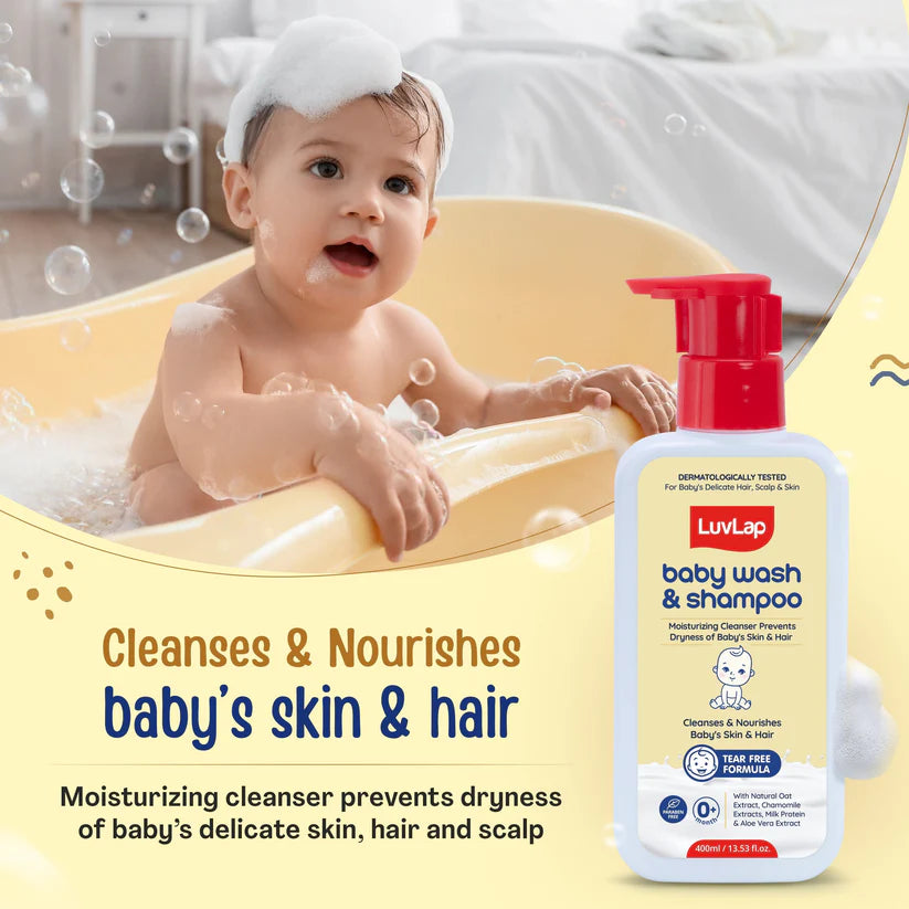 LuvLap Baby Wash & Shampoo - 400ml with Chamomile, Milk Protein, Oatmeal & Shea Butter, Paraben Free, Tear Free, Soap Free, Rich Moisturised Skin & Soft Hair, Baby Body Wash, Dermatologically Tested