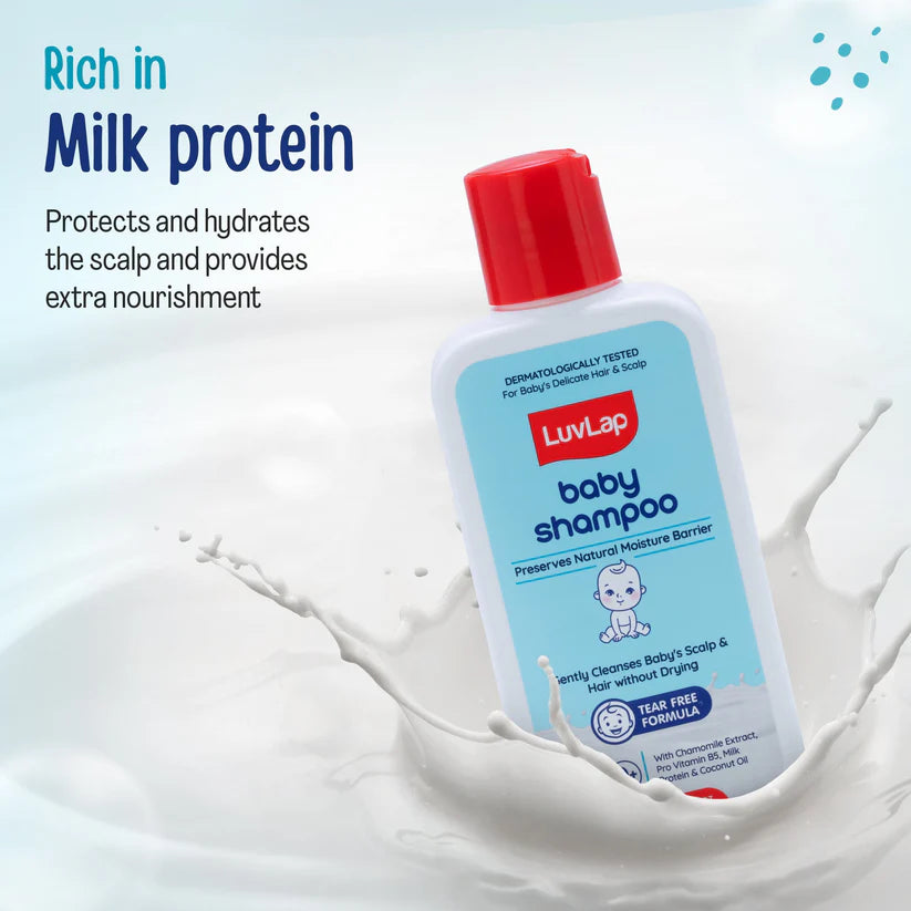 LuvLap Milky Soft Baby Shampoo - 200ml, Tear Free Formula, with Milk Protein, Vitamin E & Coconut Oil, Shea Butter & Chamomile, Gentle Care for Baby's Soft Hair, No Paraben, Dermatologically Tested