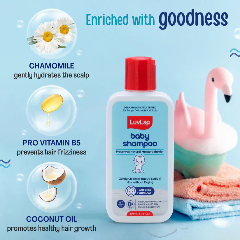 LuvLap Milky Soft Baby Shampoo - 200ml, Tear Free Formula, with Milk Protein, Vitamin E & Coconut Oil, Shea Butter & Chamomile, Gentle Care for Baby's Soft Hair, No Paraben, Dermatologically Tested