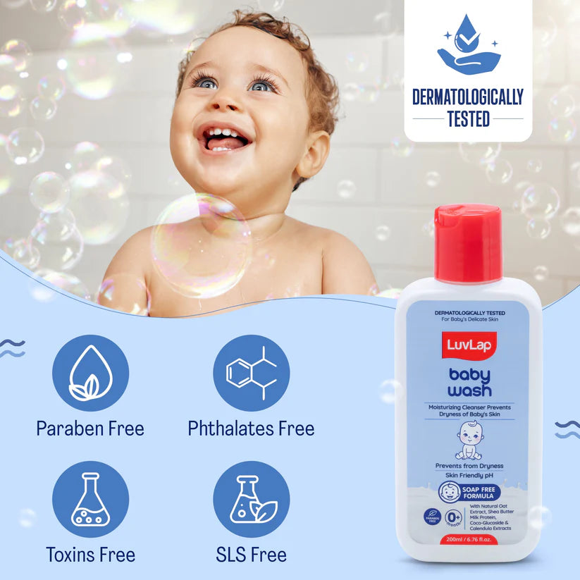 LuvLap Baby Wash - 200ml, with Milk Protein, Oatmeal, Shea Butter and Vitamin E, Soap Free, Baby Wash for Baby Bath, Natural, pH Balanced & Paraben Free, Dermatologically Tested