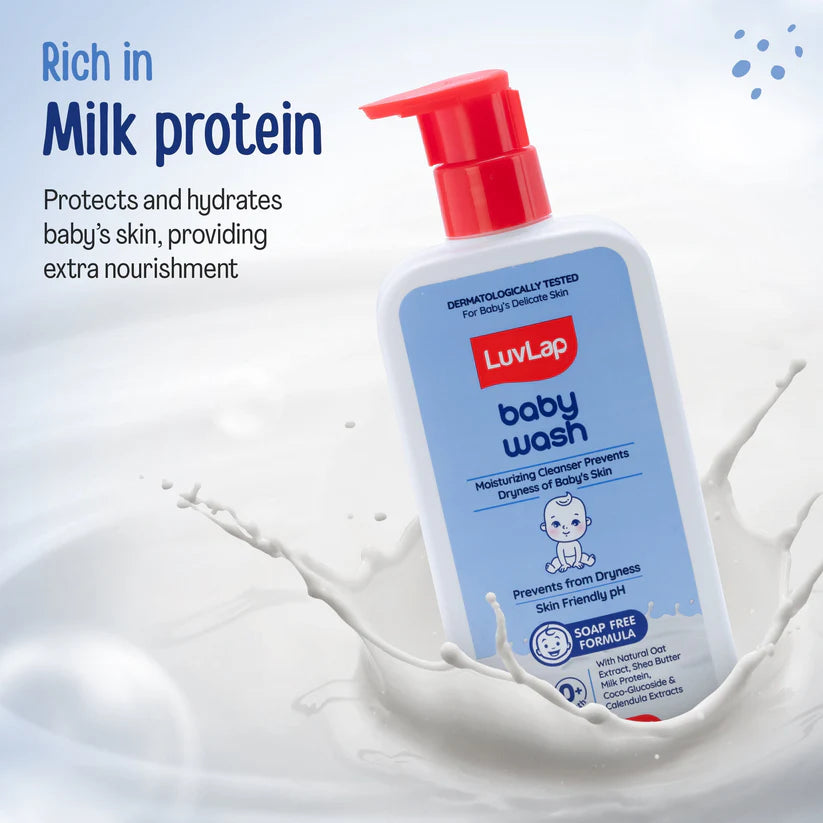 LuvLap Baby Wash - 400ml, with Milk Protein, Oatmeal, Shea Butter and Vitamin E, Soap Free, Baby Wash for Baby Bath, Natural, pH Balanced & Paraben Free, Dermatologically Tested