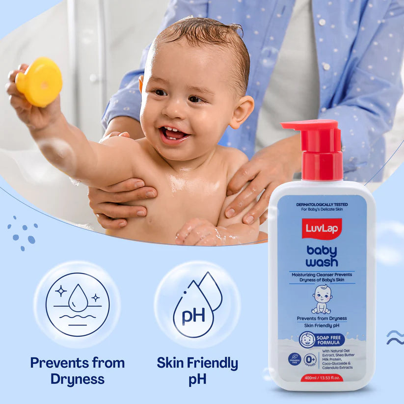 LuvLap Baby Wash - 400ml, with Milk Protein, Oatmeal, Shea Butter and Vitamin E, Soap Free, Baby Wash for Baby Bath, Natural, pH Balanced & Paraben Free, Dermatologically Tested