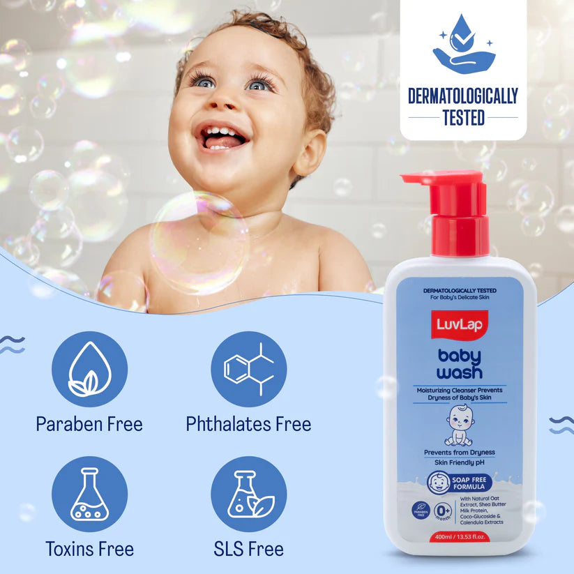 LuvLap Baby Wash - 400ml, with Milk Protein, Oatmeal, Shea Butter and Vitamin E, Soap Free, Baby Wash for Baby Bath, Natural, pH Balanced & Paraben Free, Dermatologically Tested