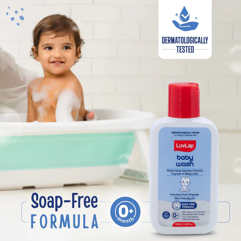 Luvlap Baby Wash -100 ML,with Milk Protein, Oatmeal, Shea Butter and Vitamin E, Soap Free, Baby Wash for Baby Bath, Natural, pH Balanced & Paraben Free, Dermatologically Tested