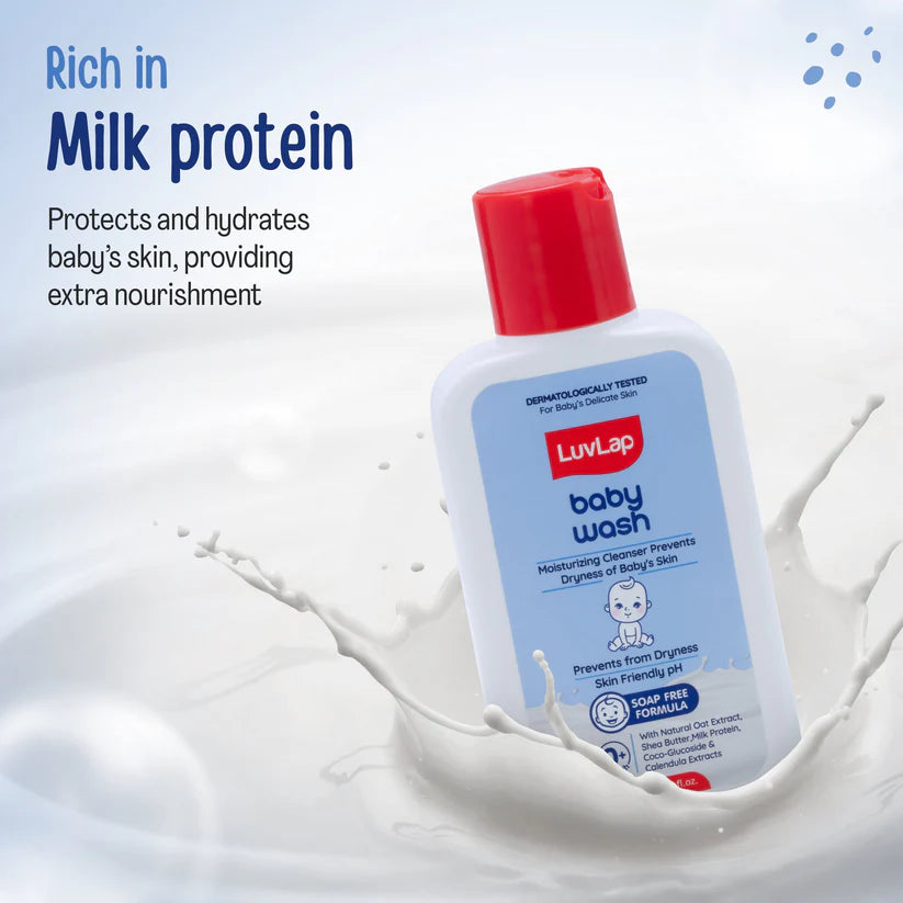 Luvlap Baby Wash -100 ML,with Milk Protein, Oatmeal, Shea Butter and Vitamin E, Soap Free, Baby Wash for Baby Bath, Natural, pH Balanced & Paraben Free, Dermatologically Tested