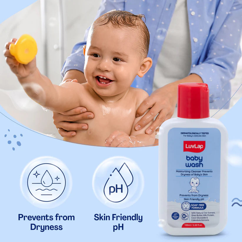Luvlap Baby Wash -100 ML,with Milk Protein, Oatmeal, Shea Butter and Vitamin E, Soap Free, Baby Wash for Baby Bath, Natural, pH Balanced & Paraben Free, Dermatologically Tested