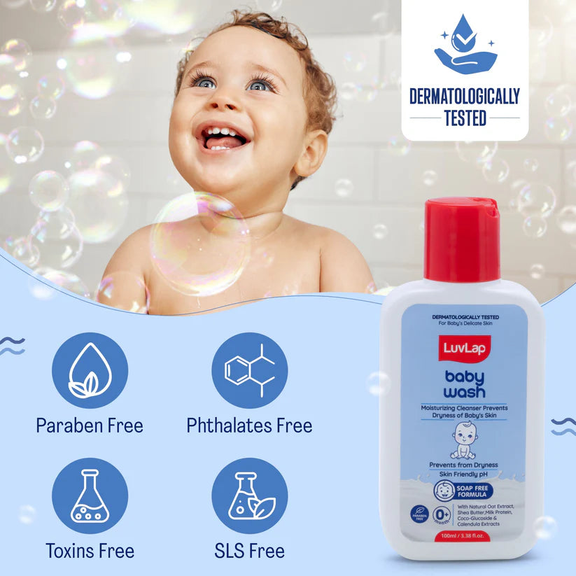Luvlap Baby Wash -100 ML,with Milk Protein, Oatmeal, Shea Butter and Vitamin E, Soap Free, Baby Wash for Baby Bath, Natural, pH Balanced & Paraben Free, Dermatologically Tested