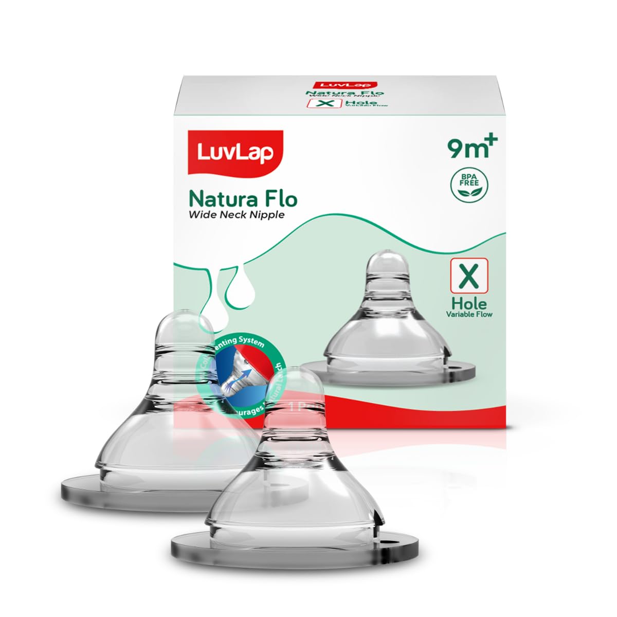 LuvLap Anti-Colic Natura Flo Teat/Nipple for Wide Neck Bottle, 2pcs, Variable Flow, 9m+