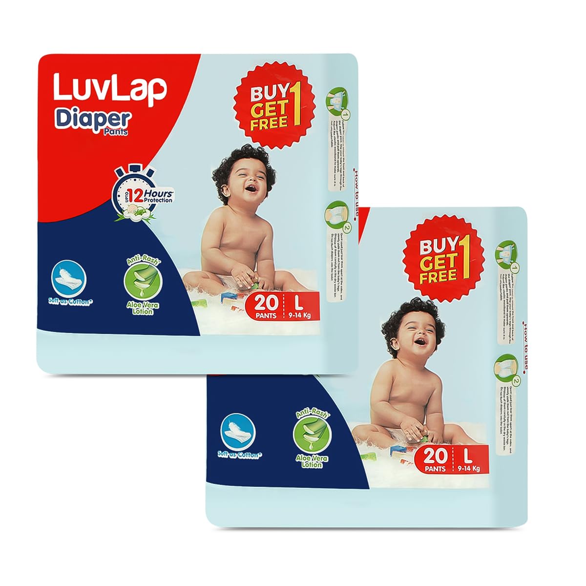 LuvLap Pant Style Baby Diapers, Large (L) Pack of 2, Buy 1 get 1, 20 Count, For babies of Upto 9-14Kg with Aloe Vera Lotion for rash protection, with upto...