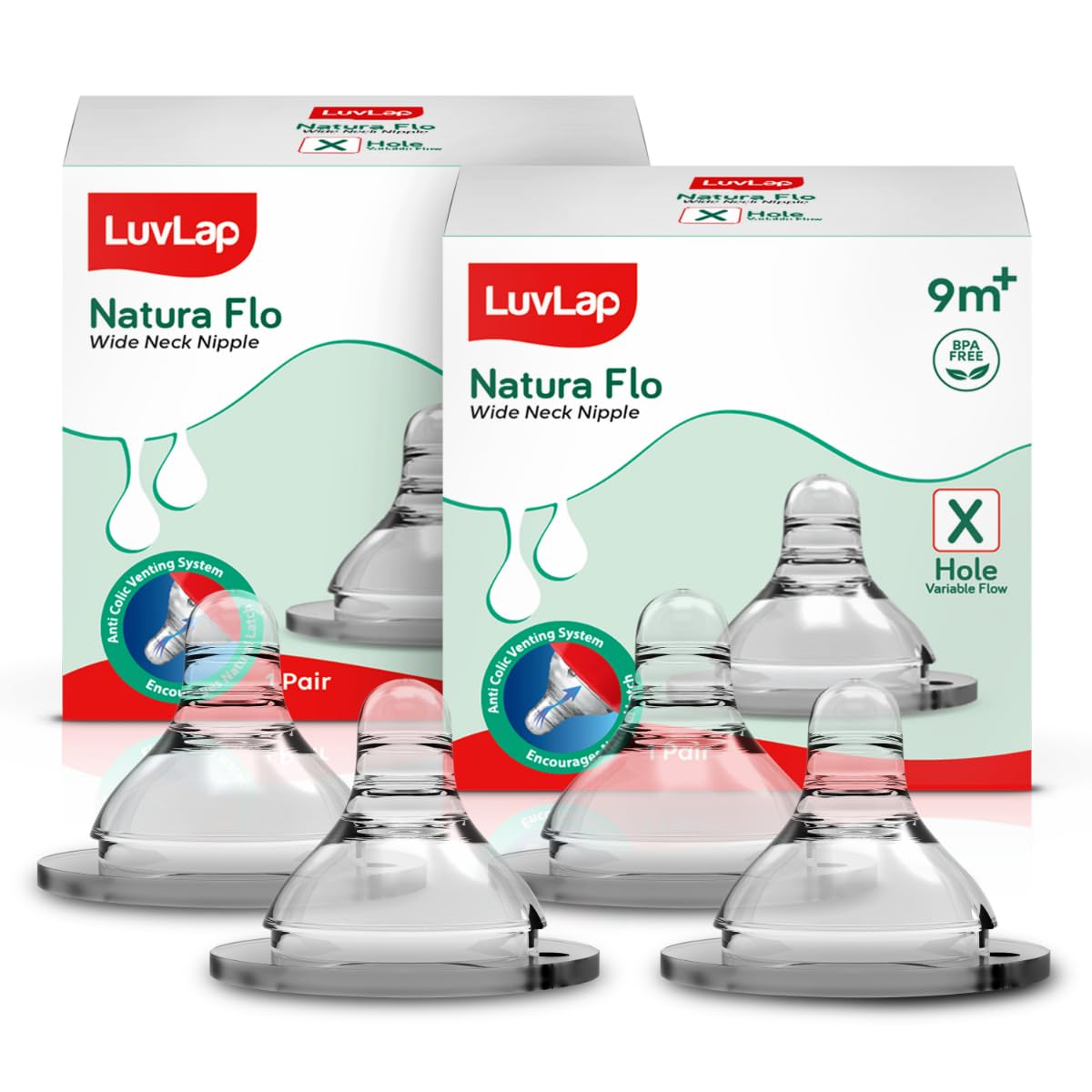 LuvLap Wide Neck Teat/Nipple, Variable Flow, 100% Liquid Silicone, BPA Free, 9m+, Pack of 4