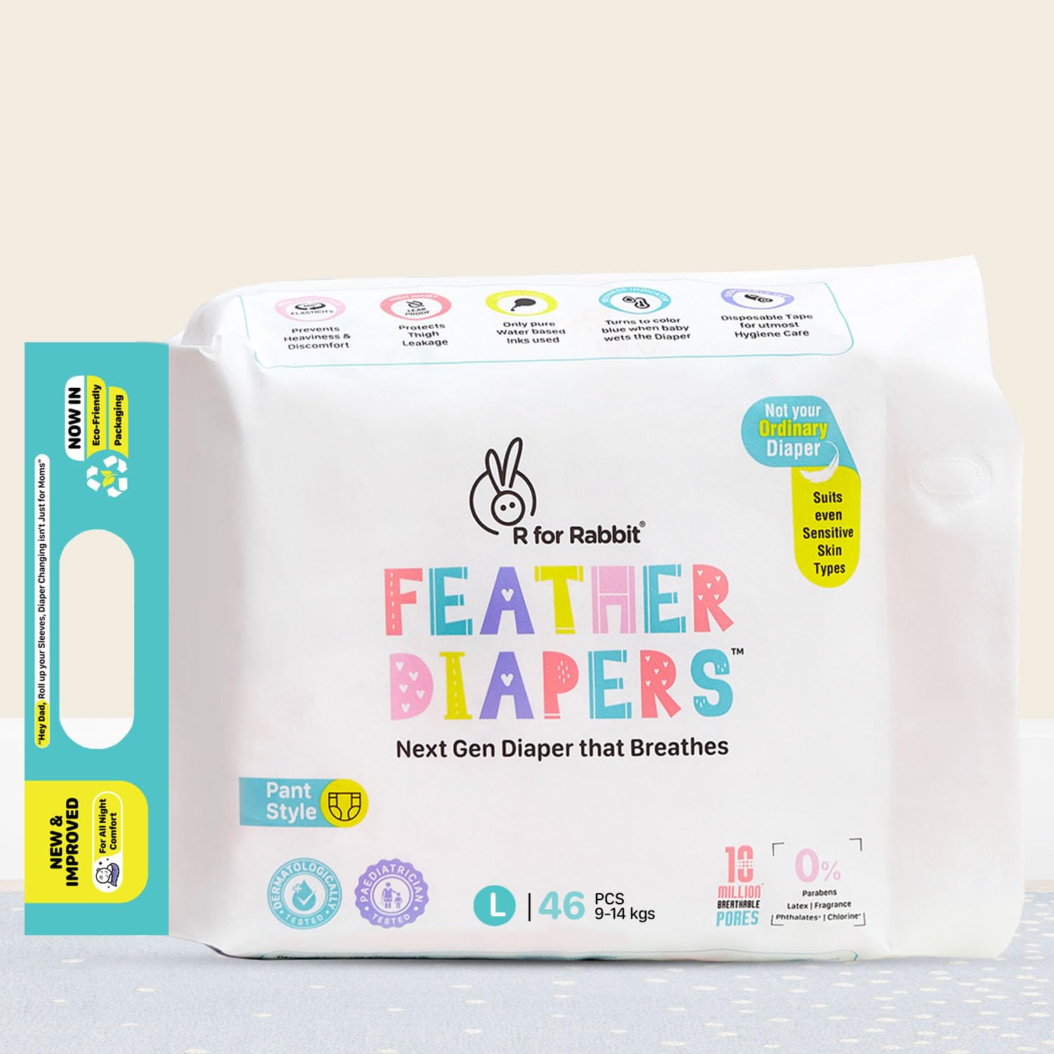 R for Rabbit Pant Style Feather Diaper Large (L) Size for Baby 9 to 14 kgs 46 Units (46 Count, Pack Of 1)