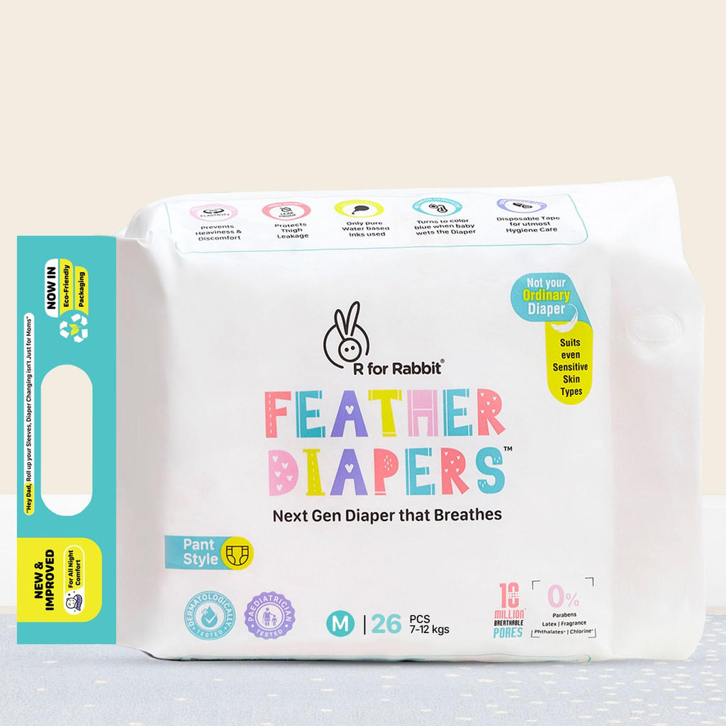R for Rabbit Pant Style Feather Diaper Medium (M) Size for Baby 7 to 12 kgs 26 Units (26 Count, Pack Of 1)