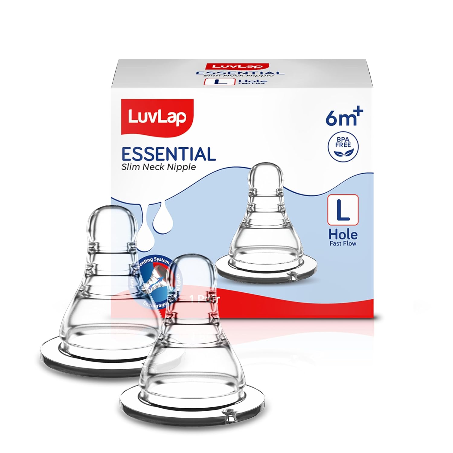 LuvLap Anti-Colic Essential Teat/Nipple for Slim Neck Bottle,2pcs Fast Flow, 6m+, Made of Soft & Flexible Silicone, Ergonomic Shape, Mimics...