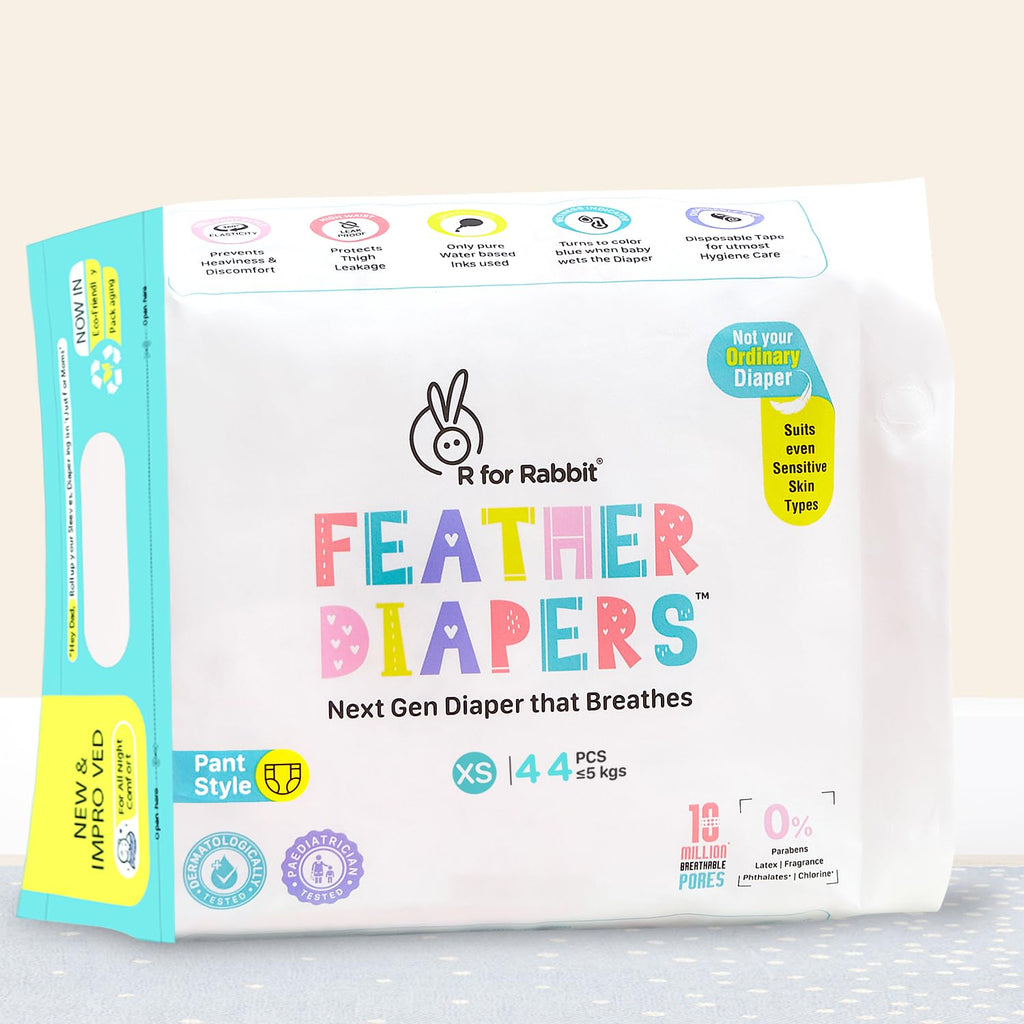R for Rabbit Pant Style Feather Diaper XS Newborn (NB) Size for Baby 0 to 5 kgs 44 Units (44 Count, Pack Of 1)
