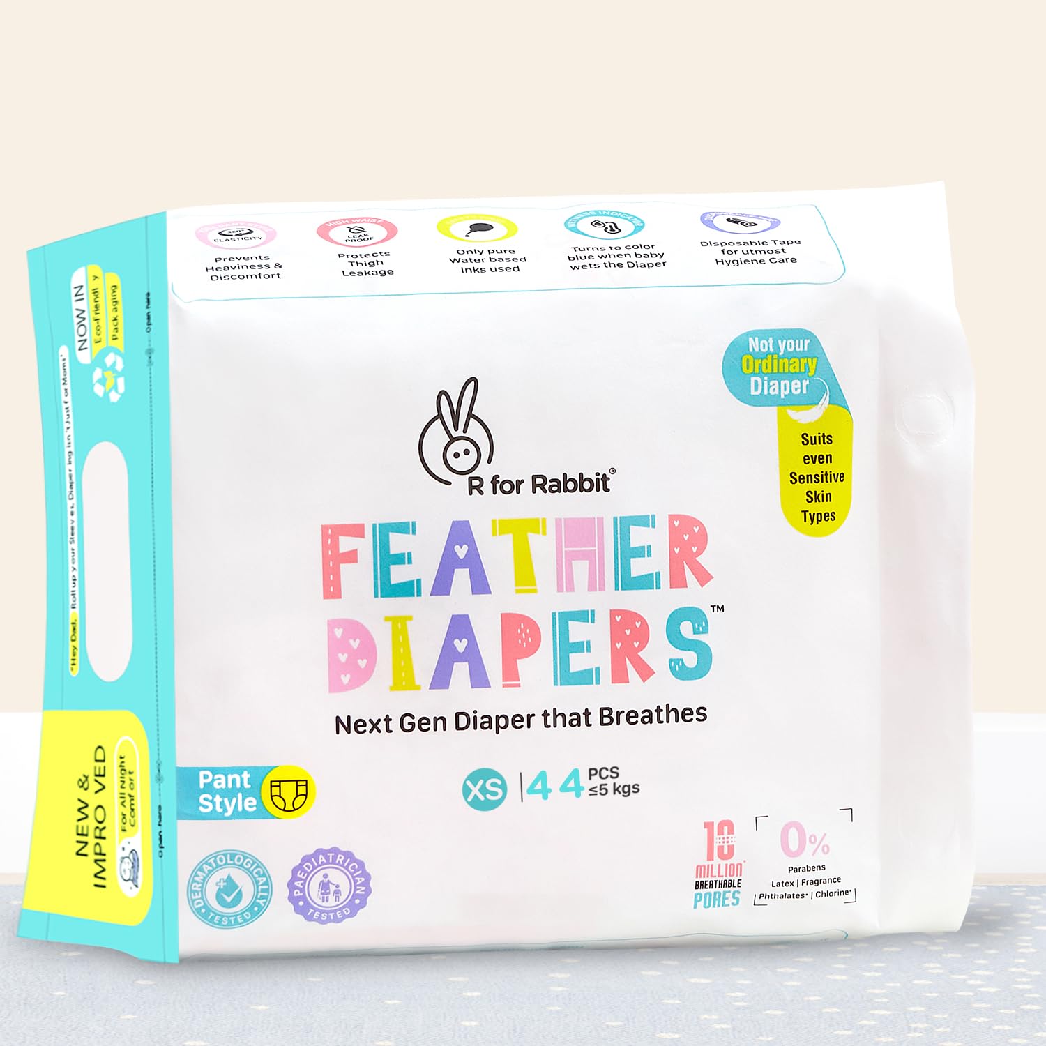 R for Rabbit Pant Style Feather Diaper XS Newborn (NB) Size for Baby 0 to 5 kgs 44 Units (44 Count, Pack Of 1)