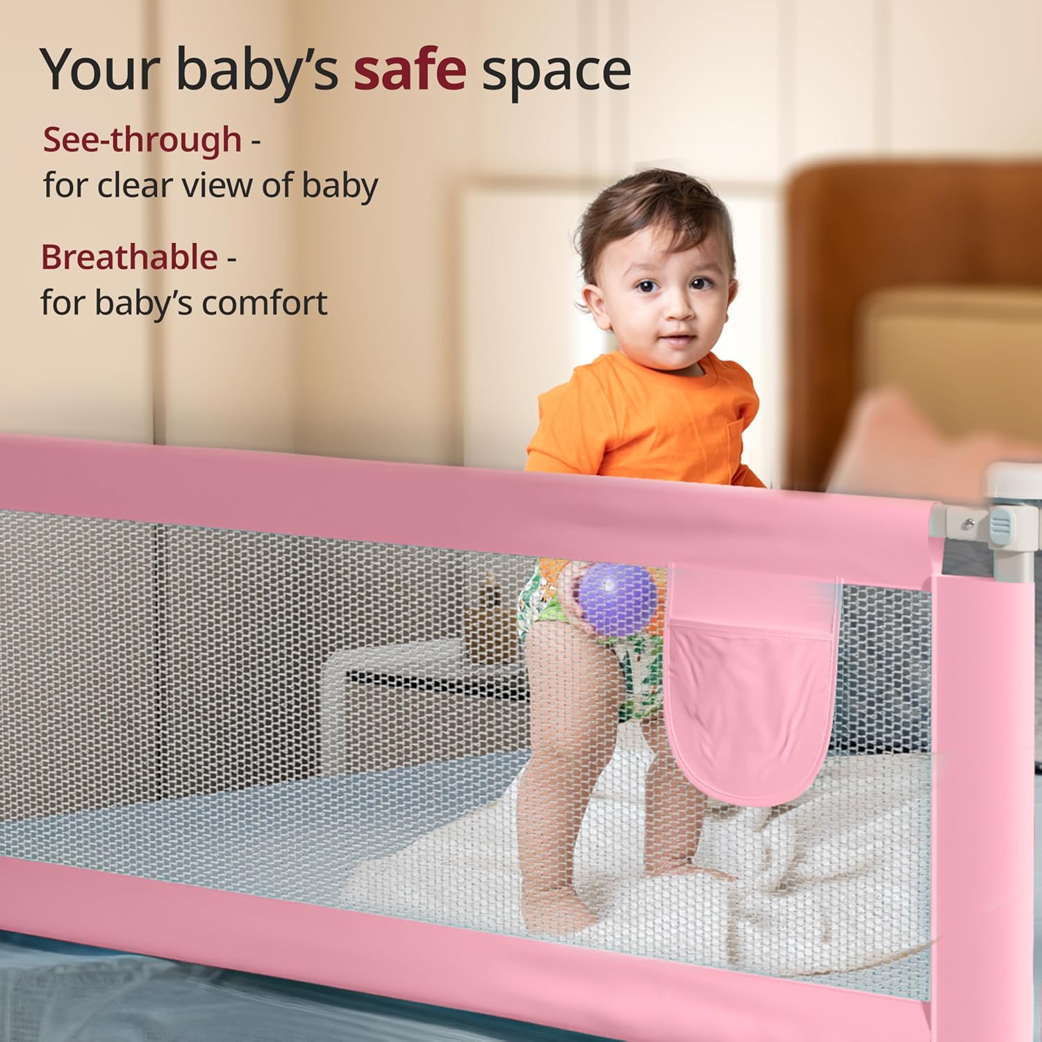 LuvLap Comfy Baby Bed Rail Guard (180cmx72cm) Bed Rails for Baby & Toddler Safety, Portable, Adjustable Height, Single Side Bed Rail, Pack of 1, (Pink -...