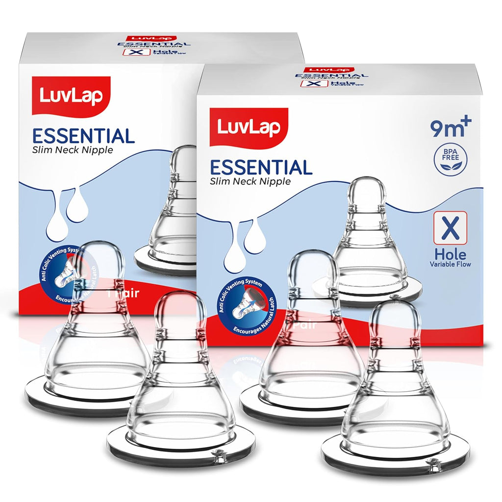 LuvLap  Essential Teat/Nipple for Slim Neck Bottle,4Pcs Variable Flow, 9M+, Made ofSoft & Flexible Silicone, Mimics Breastfeeding, Leak Proof,...
