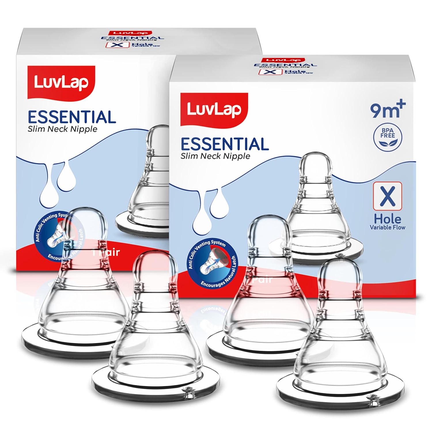 LuvLap  Essential Teat/Nipple for Slim Neck Bottle,4Pcs Variable Flow, 9M+, Made ofSoft & Flexible Silicone, Mimics Breastfeeding, Leak Proof,...