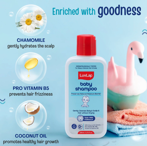 LuvLap Milky Soft Baby Shampoo - 200ml, Tear Free Formula, with Milk Protein, Vitamin E & Coconut Oil, Shea Butter & Chamomile, Gentle Care for Baby's Soft Hair, No Paraben, Dermatologically Tested