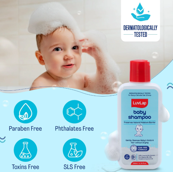 LuvLap Milky Soft Baby Shampoo - 200ml, Tear Free Formula, with Milk Protein, Vitamin E & Coconut Oil, Shea Butter & Chamomile, Gentle Care for Baby's Soft Hair, No Paraben, Dermatologically Tested