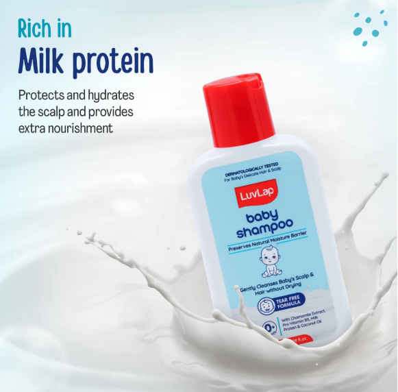 LuvLap Milky Soft Baby Shampoo - 100ml, Tear Free Formula, with Milk Protein, Vitamin E & Coconut Oil, Shea Butter & Chamomile, Gentle Care for Baby's Soft Hair, No Paraben, Dermatologically Tested
