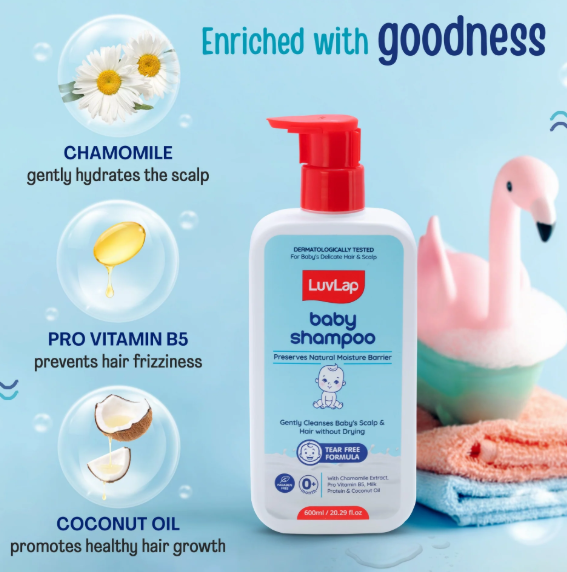 LuvLap Milky Soft Baby Shampoo - 600ml, Tear Free Formula, with Milk Protein, Vitamin E & Coconut Oil, Shea Butter & Chamomile, Gentle Care for Baby's Soft Hair, No Paraben, Dermatologically Tested